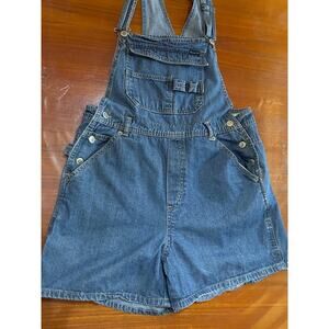Retro Route 66 Blue Denim Carpenter Overall Shorts Y2K Workwear Grunge Shortall